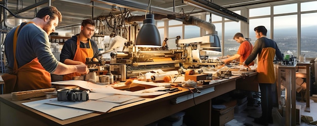 Foto een groep mannen die aan grote drukkers werken in een fabriek drukmachines plotter voor afdrukken