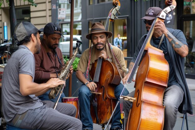 Foto een groep mannen die muziekinstrumenten spelen op een stadsstraat