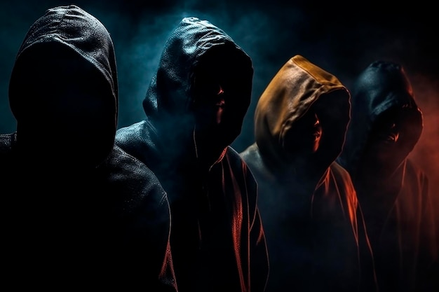 Een groep mannen in hoodies staat in een donkere kamer waar rook uit komt.