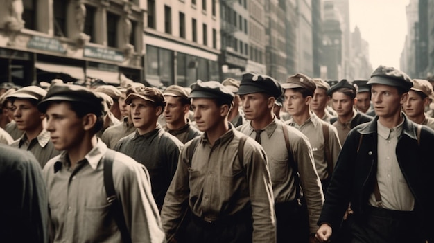 Een groep mannen in militaire uniformen marcheert voor een gebouw.