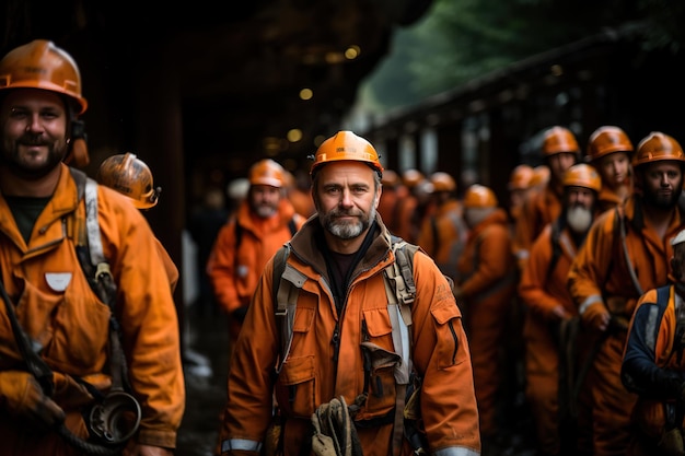 Een groep mannen in oranje veiligheidskleding staat samen.