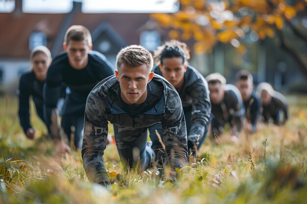 Een groep mannen in zwart en grijs lopen door een veld van gras en gras planten met een man in