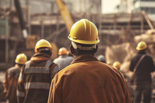 Een groep mannen met hardhats die samen staan voor een bouwplaats Drie bouwvakkers die aan bouwtekeningen en papierwerk werken