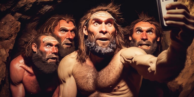 Een groep mannen met het woord neanderthalers op hun gezicht