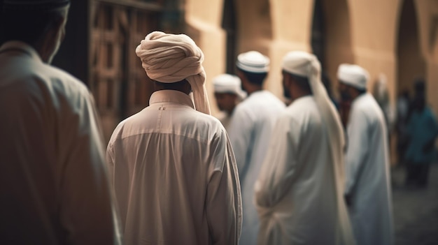 Een groep mannen staat op een binnenplaats, waarvan er één 'al - mur' zegt