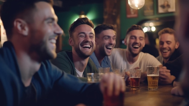 Een groep mannen zit in een bar te lachen en te lachen.