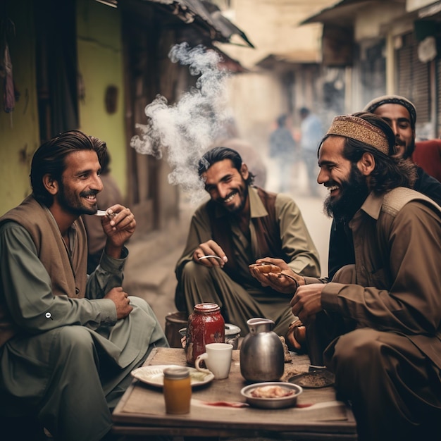 Foto een groep mannen zit rond een tafel met eten en drinken.