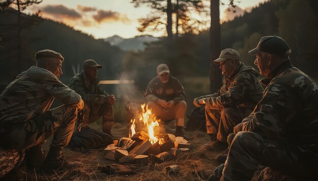 Een groep mannen zit rond een vuur, sommigen dragen camouflage.