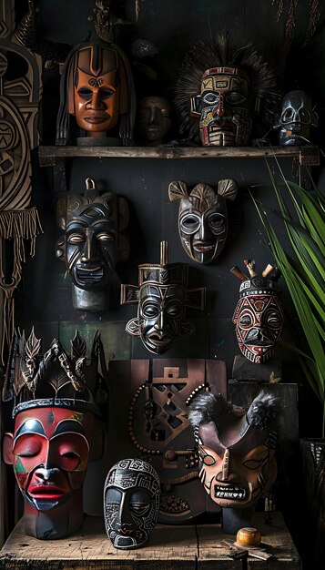 Foto een groep maskers die op een houten tafel zitten