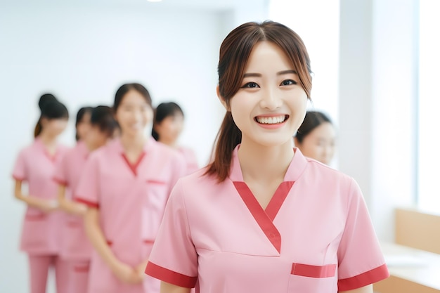Een groep medewerkers van een huidverzorgingskliniek in een roze outfit