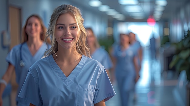 een groep medische medewerkers die door een gang lopen