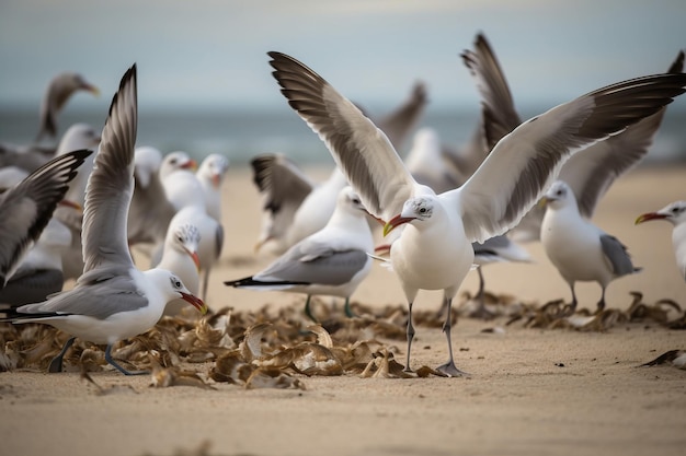Een groep meeuwen vecht om een stuk voedsel op een strand