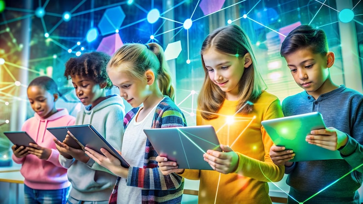 Foto een groep meisjes met elektronische apparaten voor een kleurrijke achtergrond