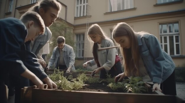 Een groep mensen aan het werk in een tuin