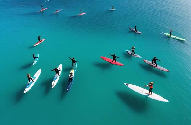 Een groep mensen beoefent yoga op een supboard in de rustige zee in de vroege ochtend en combineert de rust van yoga met de opwinding van surfen