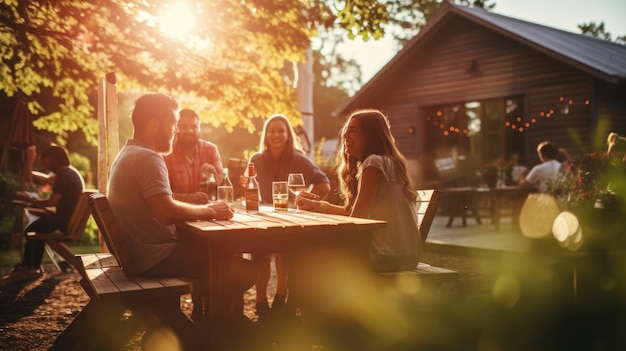 Een groep mensen bij een barbecue bij zonsondergang Zomervakantie Gebakken groenten Avondmaal op de grill Smaakvol sappig vlees gekookt op de gril Vakantie