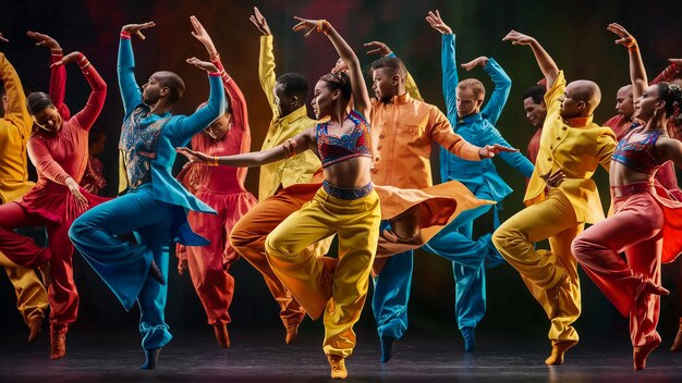 Foto een groep mensen dansen in kleurrijke outfits