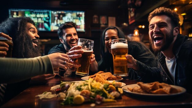 een groep mensen die aan een tafel zitten met bierglazen voor hen