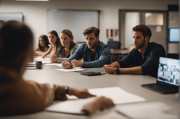 Foto een groep mensen die aan een tafel zitten met iemand die een papier vasthoudt met het woord 