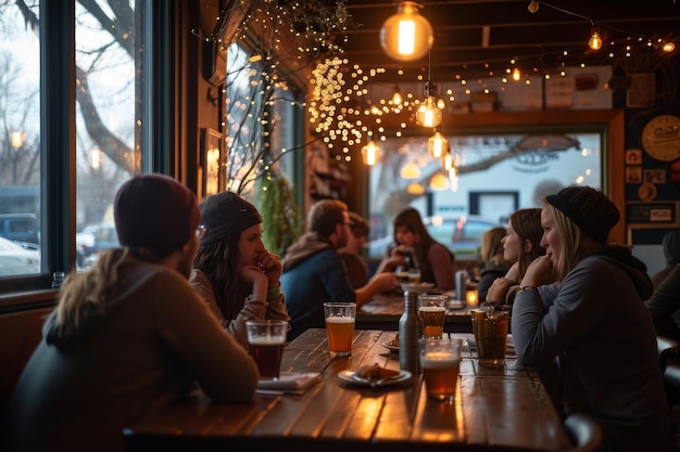 Een groep mensen die bier drinken in het pub39s brouwerij restaurant AI gegenereerd