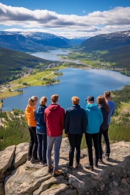 Foto een groep mensen die bovenop een berg staan