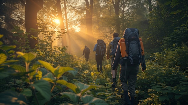 Een groep mensen die door een bos wandelen