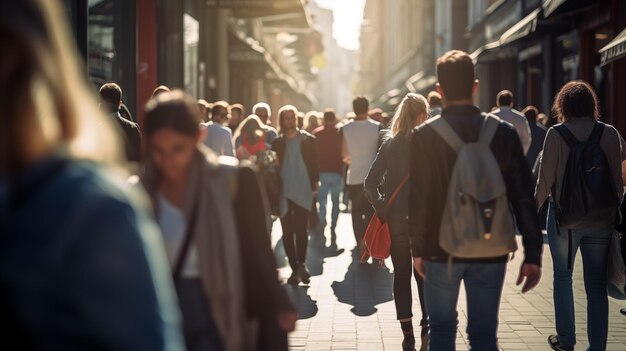 Foto een groep mensen die door een straat lopen.