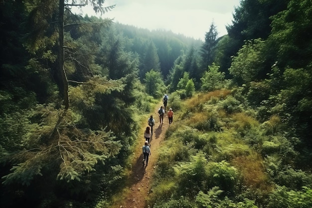 Een groep mensen die door een weelderig groen bos lopen, luchtbeeld van boven