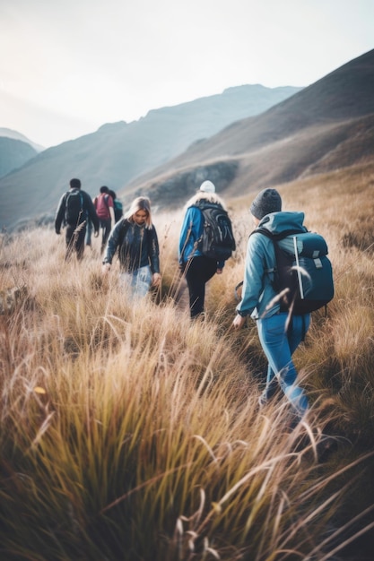 Een groep mensen die een heuvel opwandelen Generatief AI-beeld