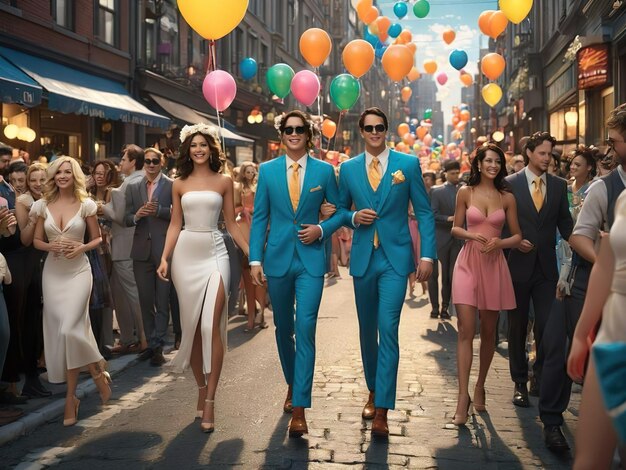 een groep mensen die een straat af lopen met ballonnen op de achtergrond