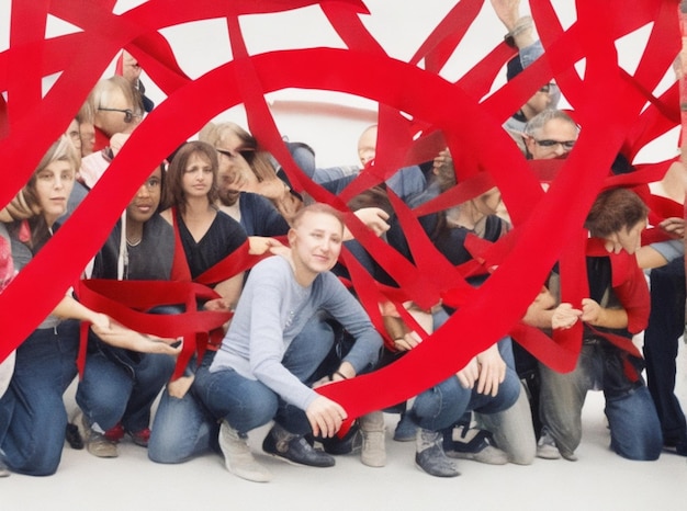 Foto een groep mensen die elk een rood lint dragen, staan in een cirkel en vertegenwoordigen de solidariteit