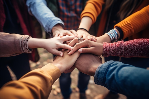 een groep mensen die elkaars hand vasthouden in het midden van een cirkel, met hun handen op elkaar