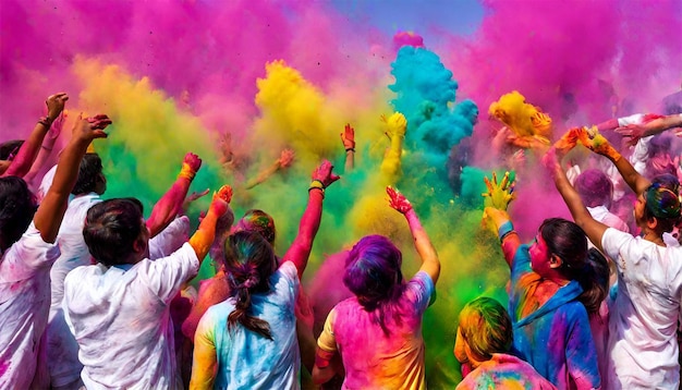 Een groep mensen die Holi spelen, het festival van kleuren.