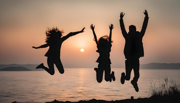 Foto een groep mensen die in de lucht springen met de zon achter hen