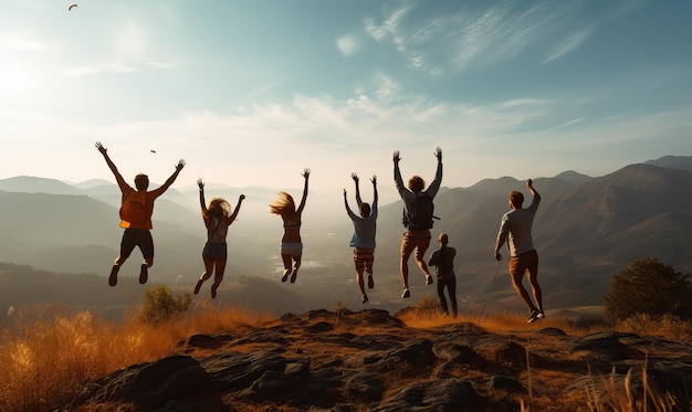 een groep mensen die in de lucht springen met de zon in de rug