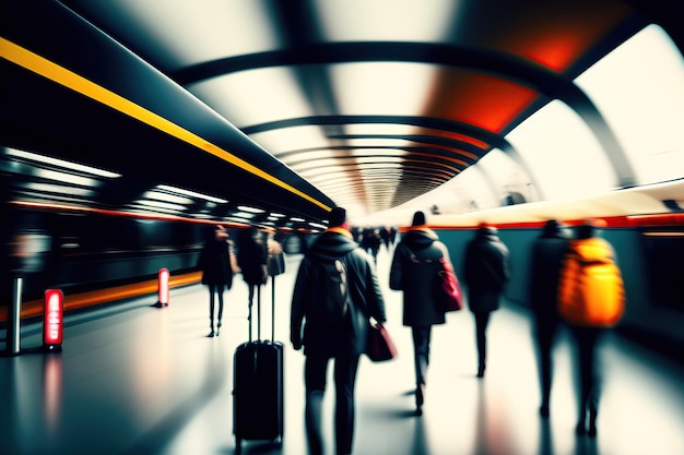 een groep mensen die in de metro lopen terwijl er een trein voorbijrijdt.