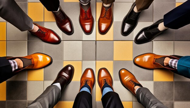 Foto een groep mensen die in een cirkel staan met iemand die bruine schoenen draagt