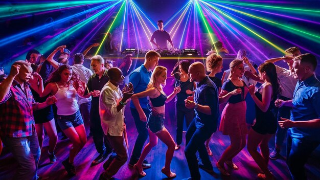 een groep mensen die in een club dansen met een kleurrijke achtergrond