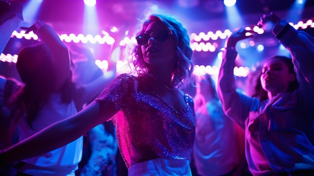 Een groep mensen die in een nachtclub dansen met het roze licht achter hen.
