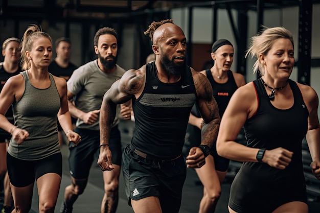 Foto een groep mensen die in een sportschool rennen generatieve ai