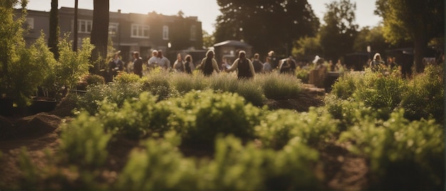 een groep mensen die in een tuin lopen met een huis op de achtergrond.