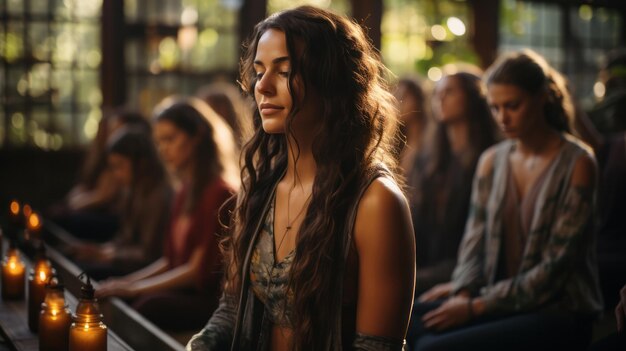 Foto een groep mensen die mediteren in een yogastudio