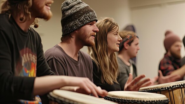 Foto een groep mensen die met enthousiasme en ritme op drums spelen