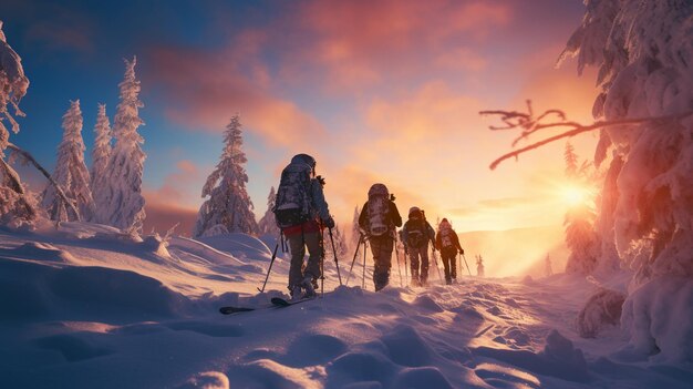 Een groep mensen die met hun sneeuwschoenen op de besneeuwde bergen lopen. Beklimmen van de ijzige bergen Een achtergrondafbeelding voor een wintervakantie of een sneeuwplek Wintervakantie achtergrond