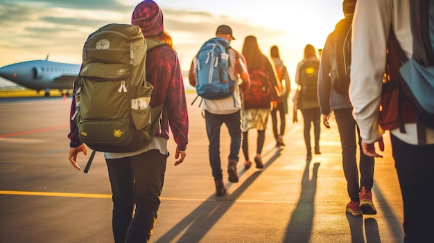 Een groep mensen die naar een generatief ai-beeld van een vliegtuig lopen