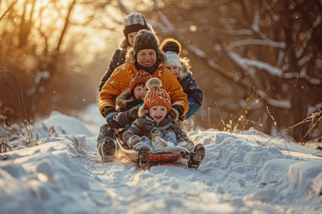 Een groep mensen die op een slee rijden langs een met sneeuw bedekte helling