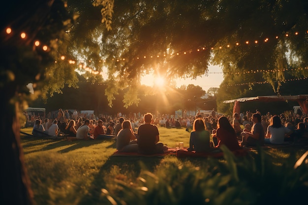 Foto een groep mensen die op het gras zitten in een park bij zonsondergang