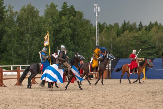 Foto een groep mensen die op paarden op bomen rijden.