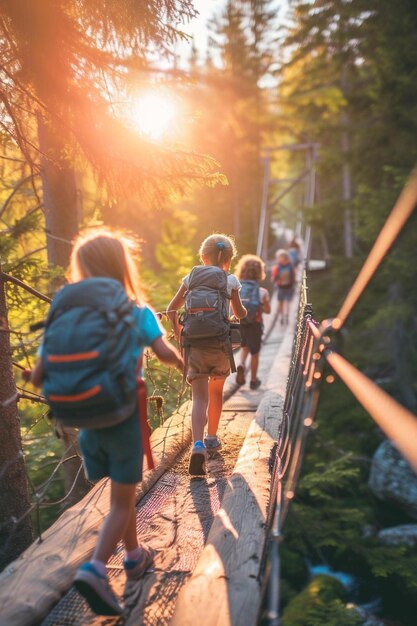 Foto een groep mensen die over een houten brug lopen