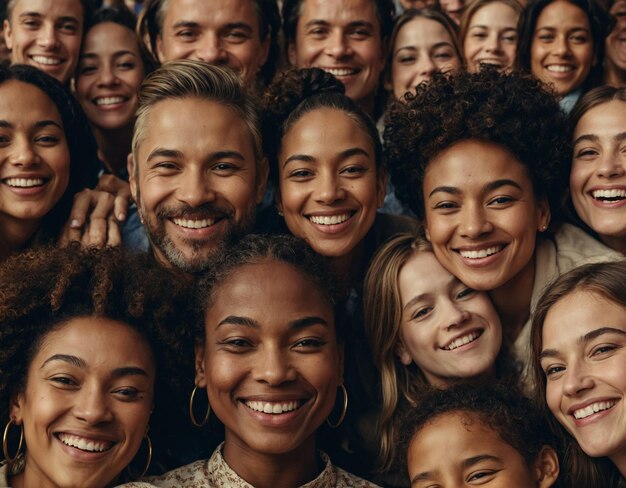 Foto een groep mensen die poseren voor een foto met de woorden het woord erop